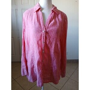 Foxcroft NYC Womens Long Sleeves Button Down Shirt Top Size XL Linen Pink/Red